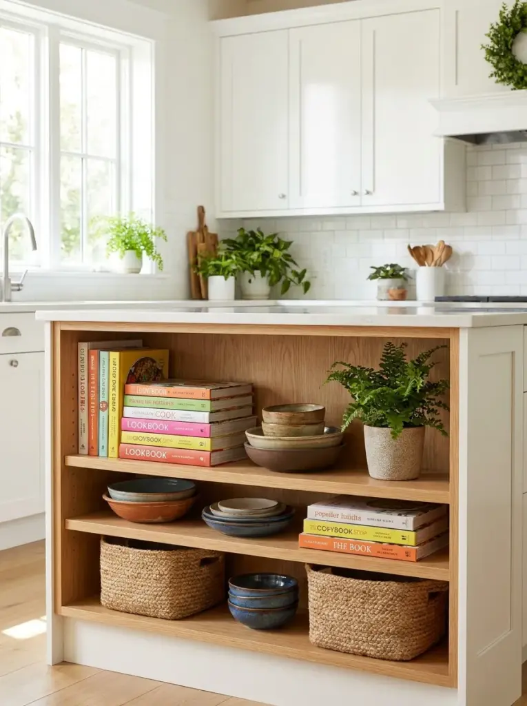 Real-life kitchen island with stylish open display shelves holding cookbooks, ceramic bowls, woven baskets, and a small green plant, neatly made, beautifully arranged, organized, clean, bright natural light illuminating the shelves from nearby windows, vibrant natural colors, realistic photography, Pinterest-ready, stock photo style, ultra detailed, no people, 2:3 portrait.