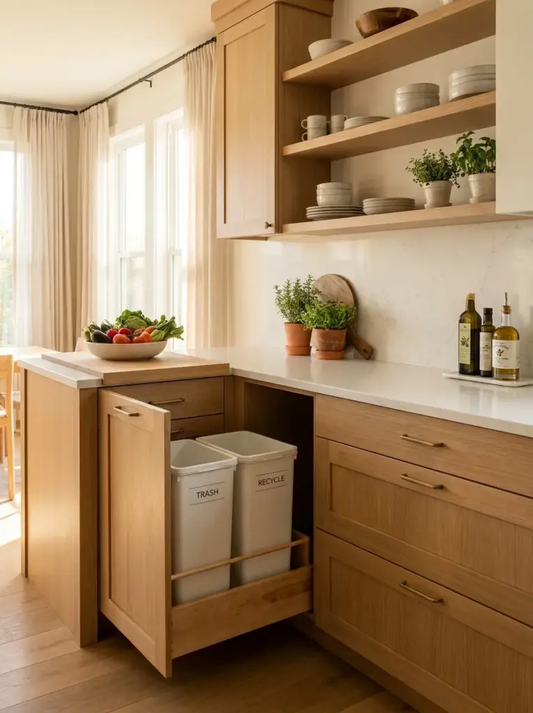 Real-life kitchen island with a hidden pull-out trash and recycling drawer beside the food prep area, modern cabinetry, neatly made, beautifully arranged, organized, clean, bright natural light from large windows beside the island, vibrant neutral colors, realistic photography, Pinterest-ready, stock photo style, ultra detailed, no people, 2:3 portrait.