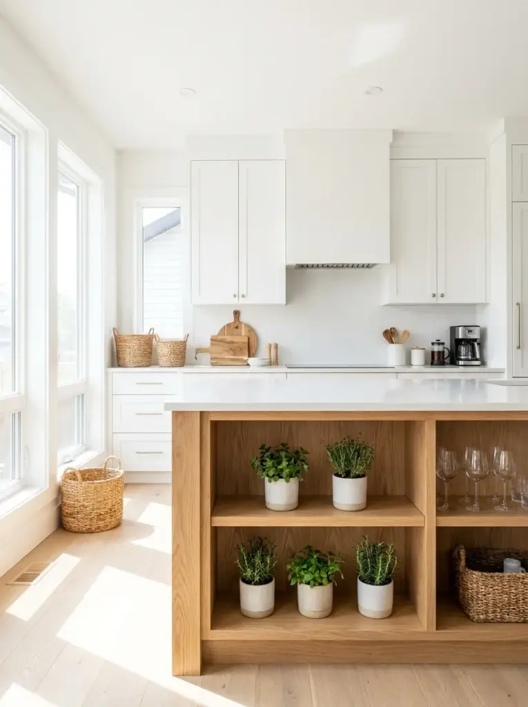 Real-life all-white kitchen with a warm natural oak kitchen island, subtle wood grain, white countertops, small indoor plants, neatly made, beautifully arranged, organized, clean, bright natural light from expansive side windows, vibrant natural wood tones, realistic photography, Pinterest-ready, stock photo style, ultra detailed, no people, 2:3 portrait.