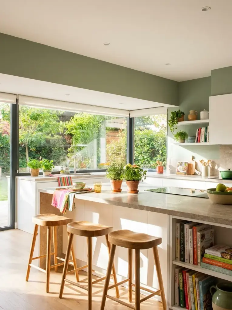 Real-life kitchen with an island positioned so bar stools face large panoramic windows overlooking a backyard, neatly made, beautifully arranged, organized, clean, bright natural light streaming directly across the countertop and seating area, vibrant fresh interior colors, realistic photography, Pinterest-ready, stock photo style, ultra detailed, no people, 2:3 portrait.