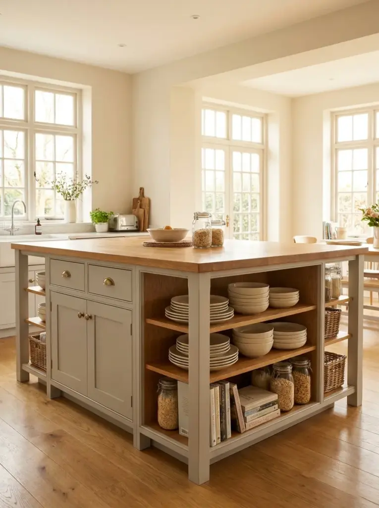 Real-life spacious kitchen island with storage accessible from both sides, featuring drawers, cabinets, and open shelving filled with organized kitchen essentials, neatly made, beautifully arranged, organized, clean, bright natural light from surrounding windows, vibrant warm neutral palette, realistic photography, Pinterest-ready, stock photo style, ultra detailed, no people, 2:3 portrait.