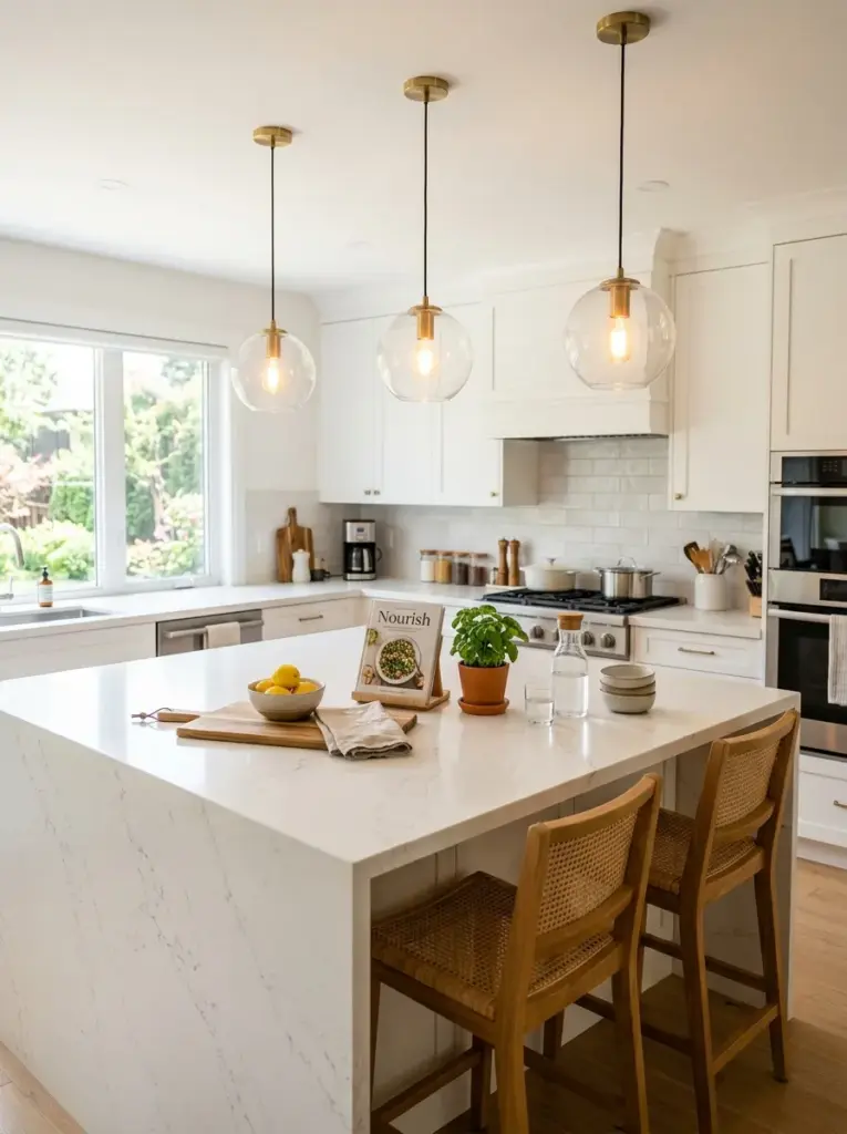 Ultra-realistic lifestyle stock photo of a modern family kitchen with three pendant lights perfectly aligned above the centerline of a spacious kitchen island, light evenly illuminating the countertop surface, balanced shadows, neatly made, beautifully arranged, organized, clean, bright natural light, vibrant colors, realistic home, premium interior photography, Pinterest aesthetic, no people, emphasis on light placement and soft illumination across the workspace, DSLR photography.