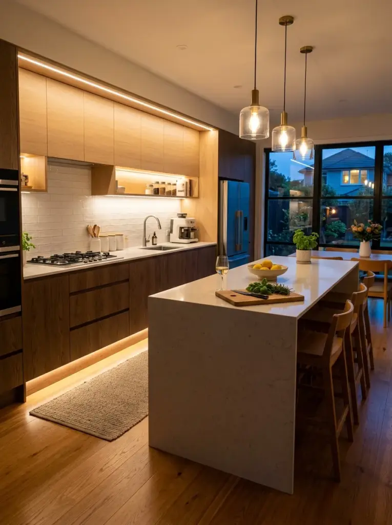Ultra-realistic modern kitchen photographed in the evening with warm toe-kick LED lighting beneath lower cabinets softly illuminating the floor, floating cabinet effect, neatly made, beautifully arranged, organized, clean, bright natural light fading through windows with warm ambient lighting, vibrant colors, authentic family home, Pinterest-worthy stock photo, emphasis on low-position lighting guiding movement safely.