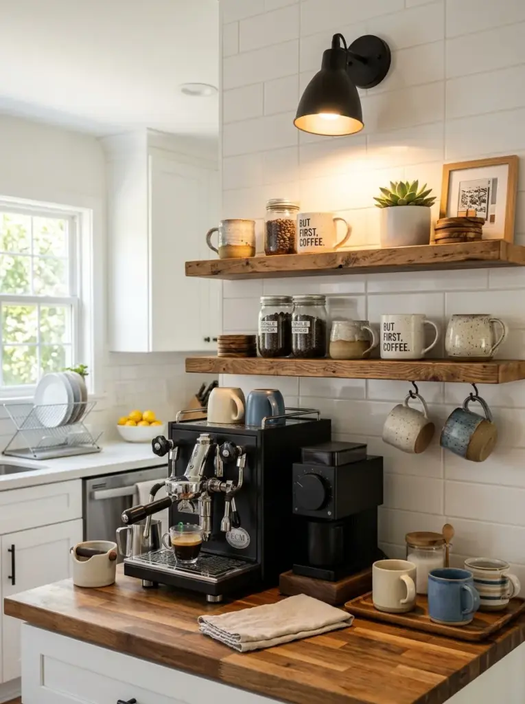 Ultra-realistic home kitchen with a dedicated coffee station illuminated by a small spotlight mounted directly above the coffee maker, mugs and wooden shelves softly highlighted, neatly made, beautifully arranged, organized, clean, bright natural light, vibrant colors, authentic everyday home, premium stock photography, Pinterest aesthetic, emphasis on precise lighting placement creating a cozy coffee corner.