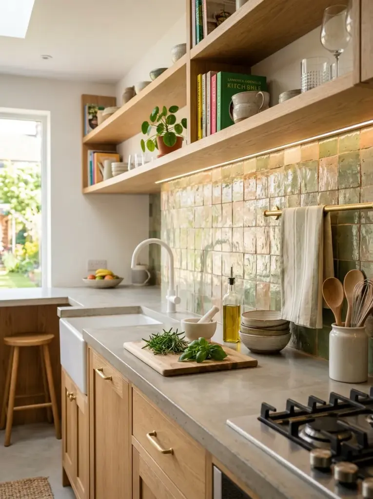 Real-life contemporary kitchen with textured tile backsplash illuminated by softly angled lighting grazing across the surface, rich texture visible with gentle shadows, neatly made, beautifully arranged, organized, clean, bright natural light, vibrant colors, realistic interior photography, Pinterest-ready, emphasis on angled light placement highlighting backsplash texture.
