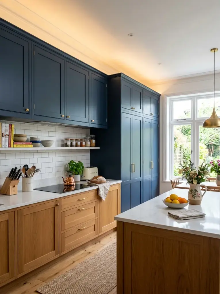 Ultra-realistic kitchen with soft LED lighting installed above tall cabinets, warm light washing the ceiling to create extra height, neatly made, beautifully arranged, organized, clean, bright natural light, vibrant colors, authentic residential interior, Pinterest-inspired stock photography, emphasis on upward lighting placement expanding vertical space.