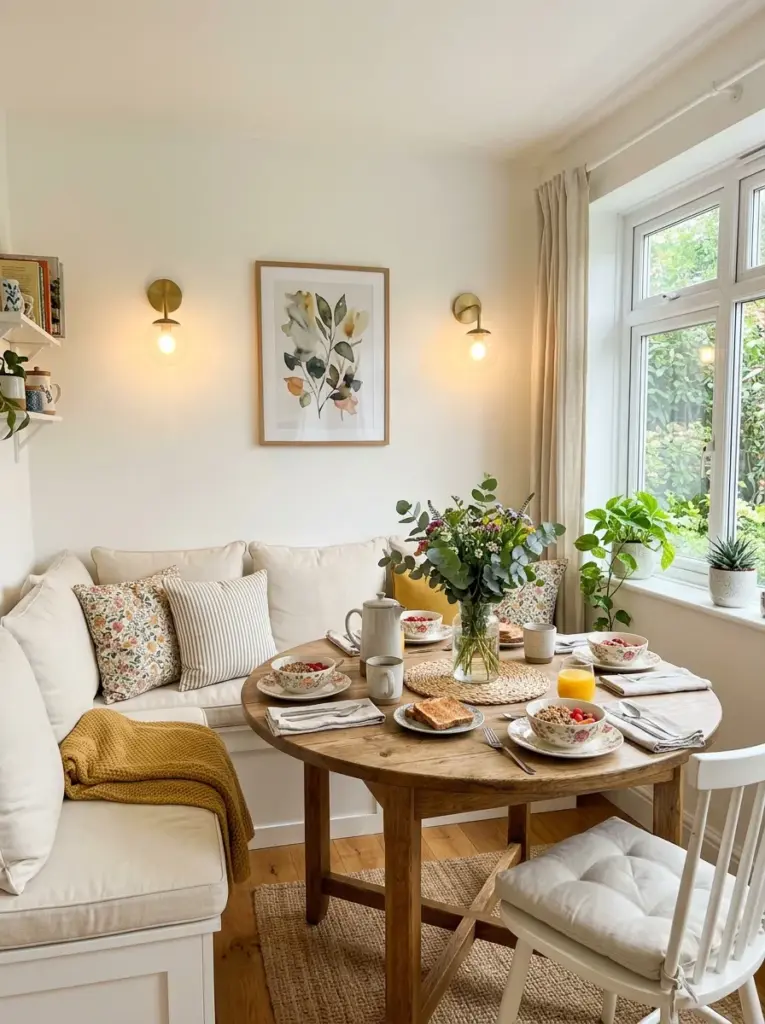 Real-life breakfast nook with matching wall sconces mounted symmetrically on both sides of a cozy dining bench, soft balanced illumination around the table, neatly made, beautifully arranged, organized, clean, bright natural light, vibrant colors, realistic family home, Pinterest aesthetic, emphasis on symmetrical wall lighting placement.