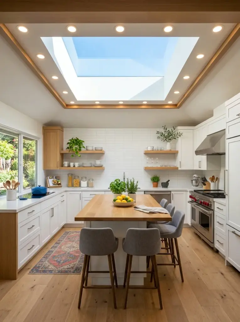 Ultra-realistic modern kitchen featuring a large skylight with recessed ceiling lights positioned around its perimeter, evenly balanced daylight across countertops, neatly made, beautifully arranged, organized, clean, bright natural light, vibrant colors, authentic home photography, Pinterest-worthy stock image, emphasis on coordinated placement between skylight and artificial lighting.