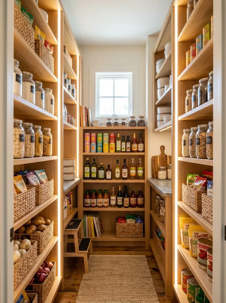 Ultra-realistic walk-in kitchen pantry with slim vertical LED lighting installed on both side panels, every shelf evenly illuminated without dark corners, neatly made, beautifully arranged, organized, clean, bright natural light, vibrant colors, authentic family home, premium stock photography, Pinterest aesthetic, emphasis on side lighting placement creating uniform shelf visibility.