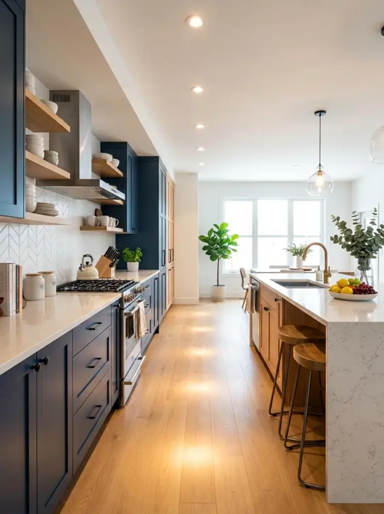 Real-life contemporary kitchen with recessed ceiling lights arranged so their light beams overlap across the main walkway, smooth and even floor illumination, neatly made, beautifully arranged, organized, clean, bright natural light, vibrant colors, realistic residential photography, Pinterest-ready, emphasis on continuous lighting placement improving circulation.