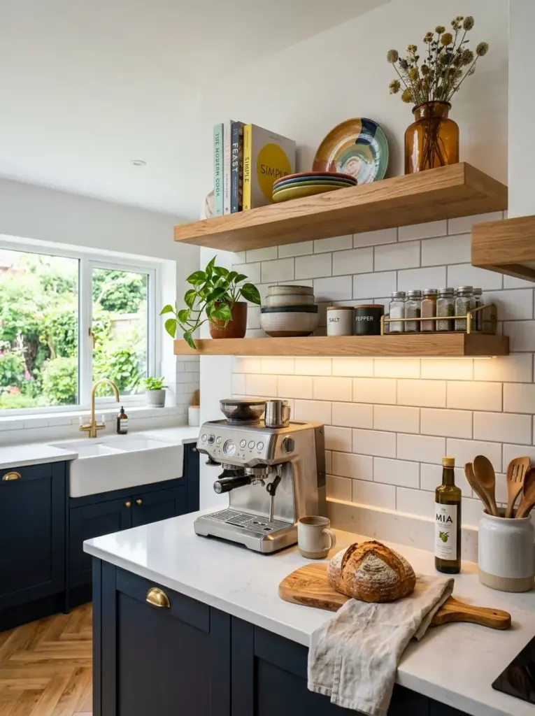 Ultra-realistic kitchen with floating wooden shelves featuring concealed lighting underneath, soft glow illuminating countertop and decorative accessories below, neatly made, beautifully arranged, organized, clean, bright natural light, vibrant colors, authentic lifestyle interior, premium stock photography, Pinterest inspiration, emphasis on under-shelf lighting placement and warm layered illumination.