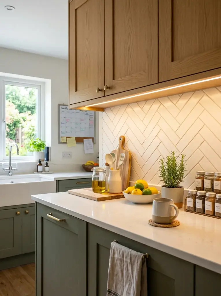 Ultra-realistic kitchen photography showing warm LED under-cabinet lighting installed at the front edge beneath upper cabinets, bright countertop illumination with minimal shadows, stylish backsplash highlighted naturally, neatly made, beautifully arranged, organized, clean, bright natural light mixing with warm accent lighting, vibrant colors, everyday family kitchen, Pinterest-ready, emphasis on lighting position rather than fixture design.