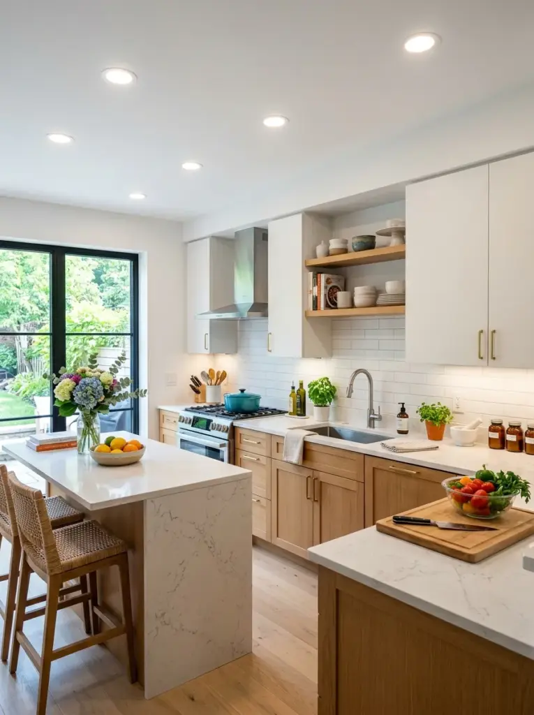 Real-life contemporary kitchen photographed from eye level, recessed ceiling lights positioned directly above prep counters, sink, and cooking zone, even illumination across work surfaces, neatly made, beautifully arranged, organized, clean, bright natural light through windows, vibrant colors, highly realistic stock photography, Pinterest inspiration, emphasis on strategic light placement creating balanced brightness.