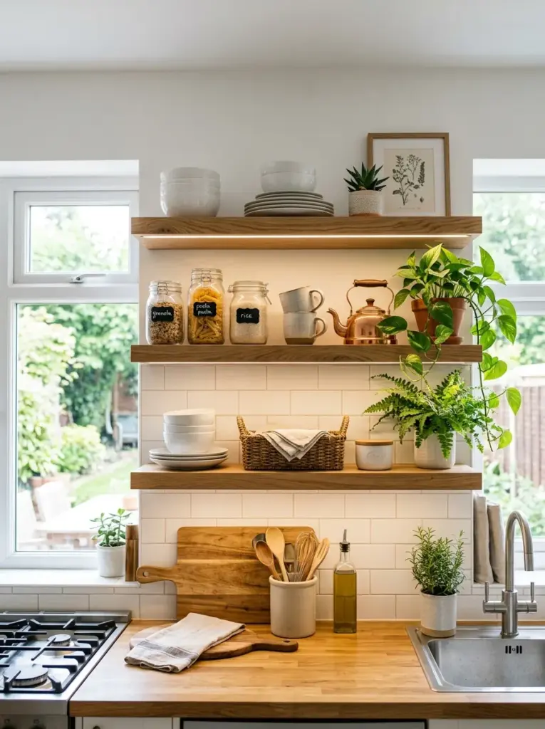 Ultra-realistic home kitchen featuring floating wooden shelves with concealed lighting mounted above each shelf, soft downward illumination showcasing dishes and greenery, neatly made, beautifully arranged, organized, clean, bright natural light, vibrant colors, authentic lived-in home, Pinterest-worthy stock photography, emphasis on soft light direction highlighting shelf decor naturally.