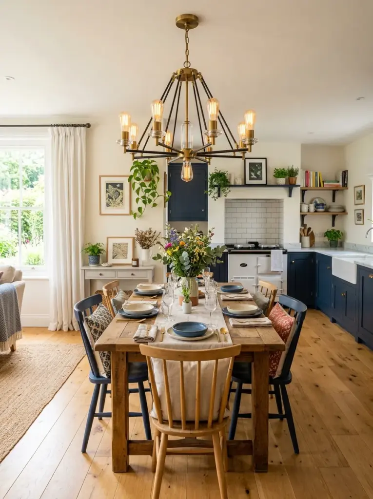 Beautiful real-life kitchen dining area with a statement chandelier centered precisely above a wooden dining table, surrounding walkway remaining open and bright, neatly made, beautifully arranged, organized, clean, bright natural light, vibrant colors, authentic family home, premium stock photography, Pinterest aesthetic, emphasis on centered lighting placement creating a welcoming dining zone.
