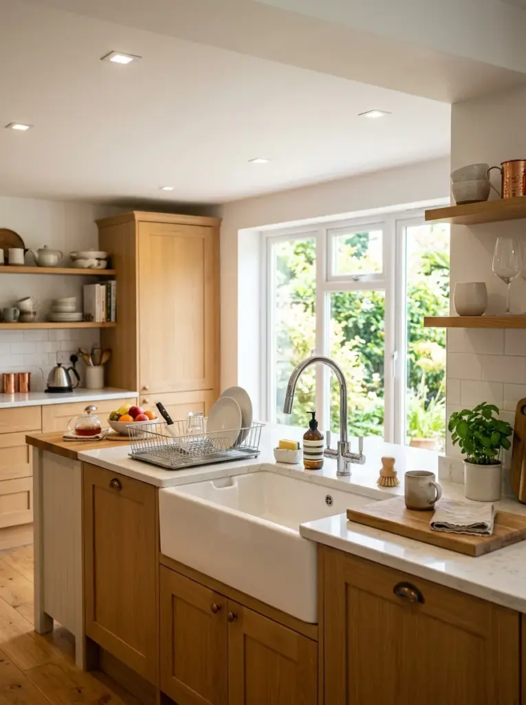 Ultra-realistic lifestyle kitchen with recessed lighting positioned slightly in front of the sink and faucet, countertop and sink basin brightly illuminated with minimal shadows, neatly made, beautifully arranged, organized, clean, bright natural light, vibrant colors, realistic family home, premium stock photography, Pinterest aesthetic, emphasis on accurate lighting placement and functional illumination.
