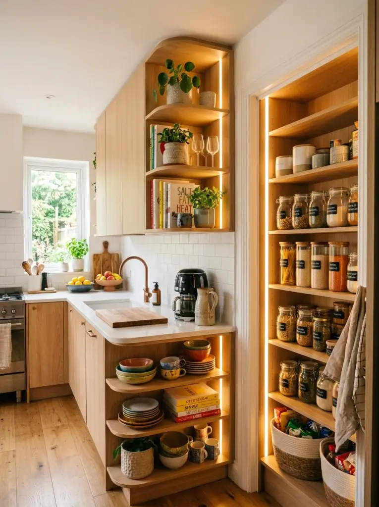 Real-life kitchen featuring subtle vertical LED lighting inside a pantry niche and corner shelving, soft upward glow expanding the room visually, neatly made, beautifully arranged, organized, clean, bright natural light blending with warm accent lighting, vibrant colors, authentic home photography, Pinterest-ready, emphasis on vertical light placement improving spaciousness.