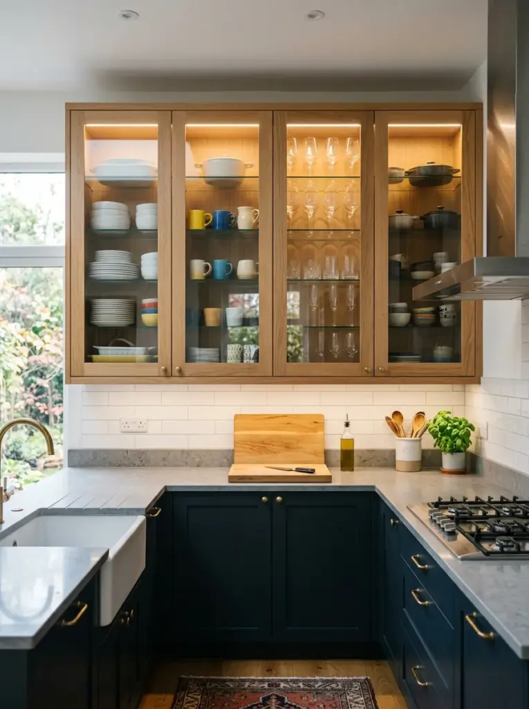 Ultra-realistic kitchen with glass-front cabinets illuminated from concealed top lighting, evenly lit shelves displaying dishes and glassware, neatly made, beautifully arranged, organized, clean, bright natural light, vibrant colors, realistic interior photography, Pinterest inspiration, emphasis on downward lighting position producing balanced cabinet illumination.