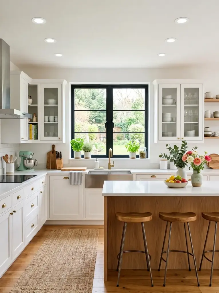 Bright contemporary kitchen with large window, recessed ceiling lights positioned symmetrically beside the window instead of blocking it, daylight filling the room naturally, neatly made, beautifully arranged, organized, clean, bright natural light, vibrant colors, realistic stock photography, Pinterest aesthetic, emphasis on harmonious light placement with daylight.