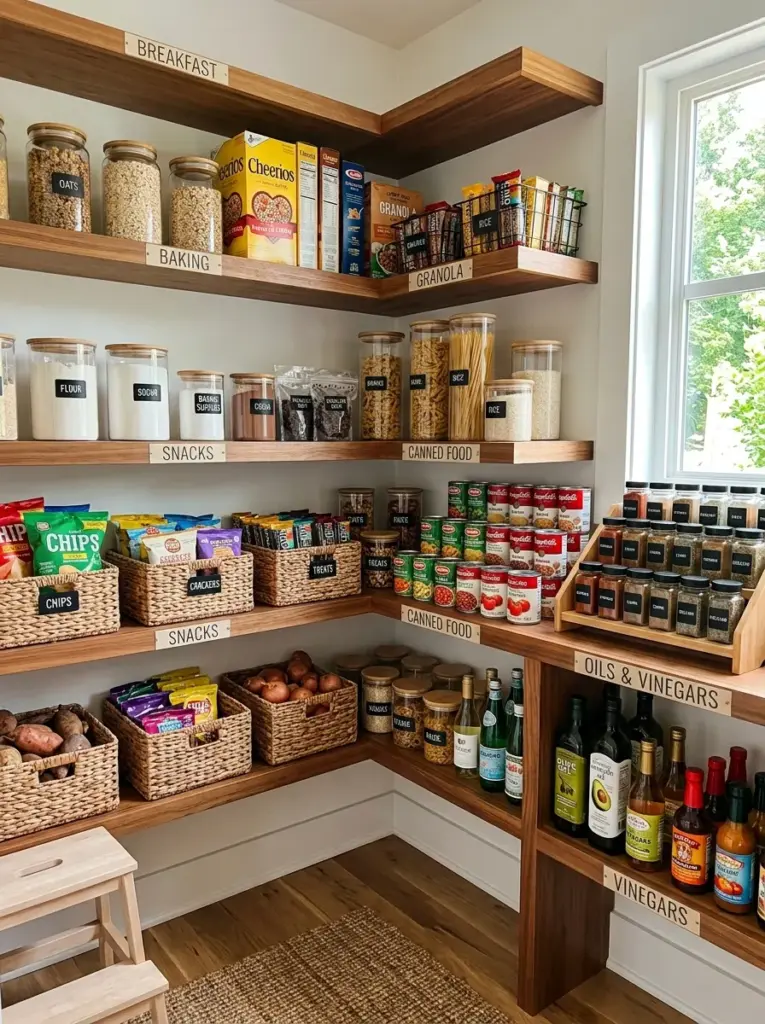 Real-life modern family kitchen pantry with clearly labeled storage zones for breakfast, baking, snacks, canned food, spices, and oils, neatly made, beautifully arranged, organized, clean, vibrant food packaging, wooden shelves, woven baskets, glass containers, bright natural light entering from a nearby window, realistic photography, Pinterest-ready, ultra detailed, warm inviting home atmosphere, stock photo style