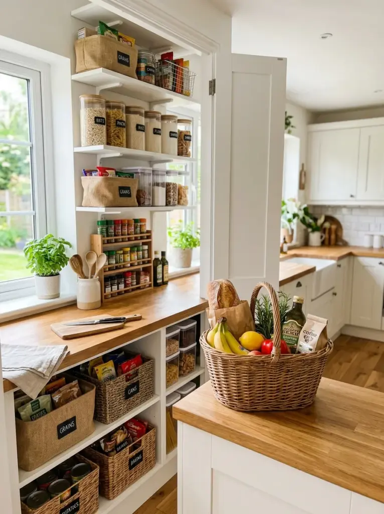 Real-life kitchen pantry beside a small countertop basket collecting groceries waiting to be organized, neatly made, beautifully arranged, organized, clean, vibrant kitchen accessories, bright natural light filling the kitchen and pantry naturally, realistic lifestyle stock photography, Pinterest-ready, cozy modern family home