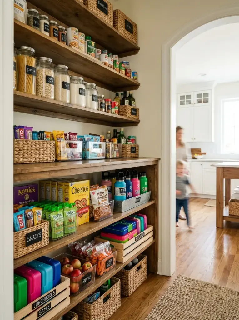 Real-life family kitchen pantry with a kid-friendly lower shelf holding healthy snacks, reusable water bottles, lunch containers, and breakfast items, neatly made, beautifully arranged, organized, clean, vibrant packaging, bright natural light entering from the pantry opening, realistic lifestyle photography, Pinterest-ready, warm welcoming home