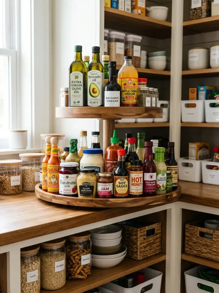 Real-life kitchen pantry corner with rotating lazy Susan holding cooking oils, sauces, vinegar, condiments, and jams, neatly made, beautifully arranged, organized, clean, vibrant bottles and jars, bright natural light softly illuminating every shelf, realistic stock photo, Pinterest-ready, highly detailed home interior