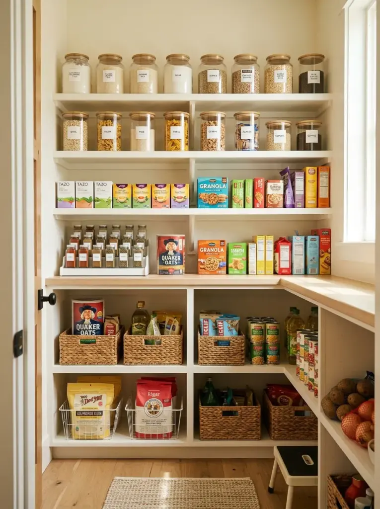 Real-life organized kitchen pantry with lower shelves storing bulk groceries and upper shelves displaying everyday pantry containers, neatly made, beautifully arranged, organized, clean, vibrant packaging, bright natural light creating a fresh and inviting atmosphere, realistic photography, Pinterest-ready inspiration