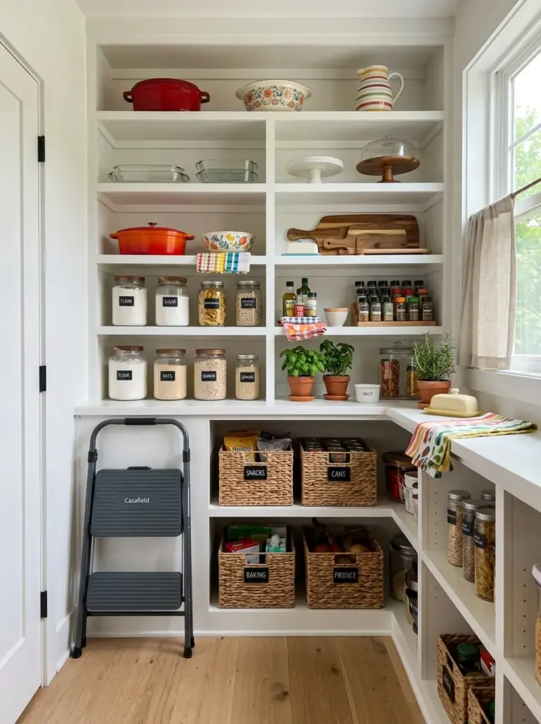 Real-life modern kitchen pantry with a slim folding step stool stored neatly beside shelving, upper shelves holding seasonal cookware and serving pieces, neatly made, beautifully arranged, organized, clean, vibrant kitchen accents, bright natural light, realistic home photography, Pinterest-ready, everyday functional design
