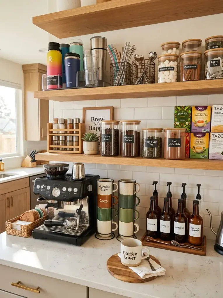 Real-life kitchen pantry beverage station with coffee beans, tea, mugs, syrups, hot chocolate, travel cups, and storage jars, neatly made, beautifully arranged, organized, clean, vibrant colors, bright natural light highlighting the beverage corner, realistic lifestyle stock photography, Pinterest-ready, cozy modern kitchen