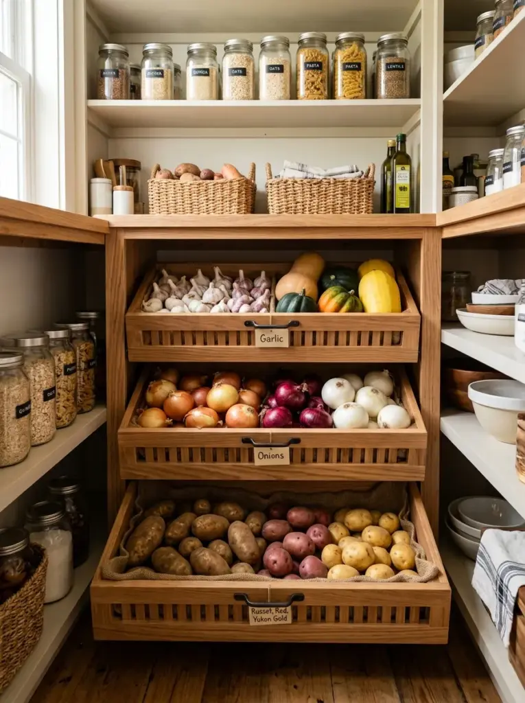 Real-life kitchen pantry with slide-out ventilated wooden produce bins storing onions, potatoes, garlic, and squash, neatly made, beautifully arranged, organized, clean, vibrant natural produce colors, bright natural light softly illuminating the pantry, realistic lifestyle photography, Pinterest-ready, premium stock photo, functional family kitchen