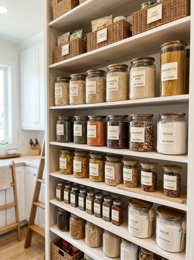 Real-life organized kitchen pantry with matching labeled glass containers showing food names and expiration dates, neatly made, beautifully arranged, organized, clean, vibrant pantry ingredients, bright natural light reflecting gently through clear containers, realistic home photography, Pinterest-ready, elegant and highly functional storage
