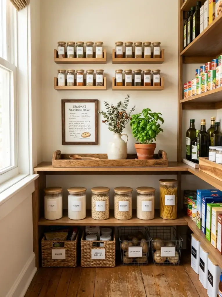 Real-life kitchen pantry featuring a small framed recipe, potted herb, wooden tray, and ceramic vase alongside organized pantry storage, neatly made, beautifully arranged, organized, clean, vibrant natural colors, bright natural light filling the pantry with a welcoming glow, realistic stock photography, Pinterest-ready, stylish yet functional home interior