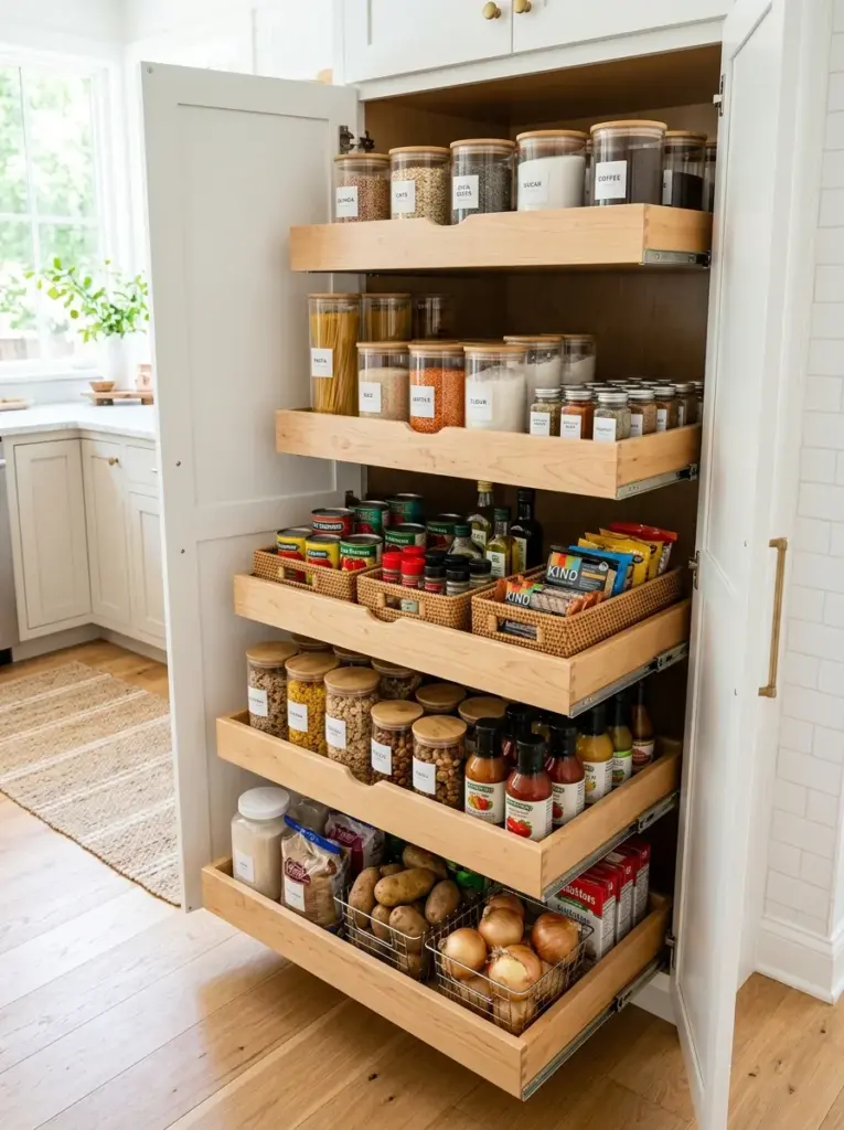 Real-life deep kitchen pantry cabinet with smooth pull-out drawers extended, food fully visible from front to back, neatly made, beautifully arranged, organized, clean, glass jars, baskets, vibrant pantry products, bright natural light from a side window highlighting every shelf, realistic home photography, Pinterest-ready, premium stock photo style, highly detailed