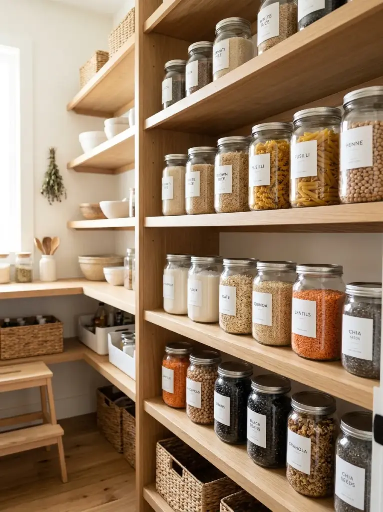 Real-life kitchen pantry with matching clear airtight containers filled with rice, pasta, flour, cereal, beans, and grains, minimalist labels, neatly made, beautifully arranged, organized, clean, vibrant ingredients, bright natural light creating soft reflections on glass containers, realistic stock photography, Pinterest-ready, elegant everyday home
