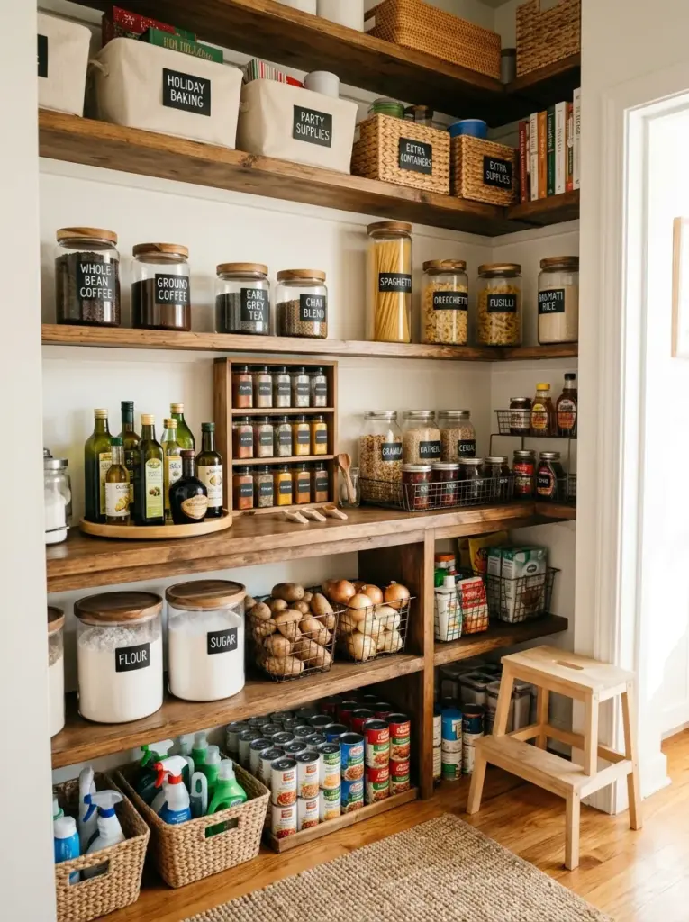 Real-life organized kitchen pantry with eye-level shelves holding coffee, tea, pasta, oils, spices, and breakfast essentials, upper shelves storing seasonal supplies, lower shelves for bulk items, neatly made, beautifully arranged, organized, clean, vibrant colors, bright natural light from the pantry entrance, realistic lifestyle photography, Pinterest-ready