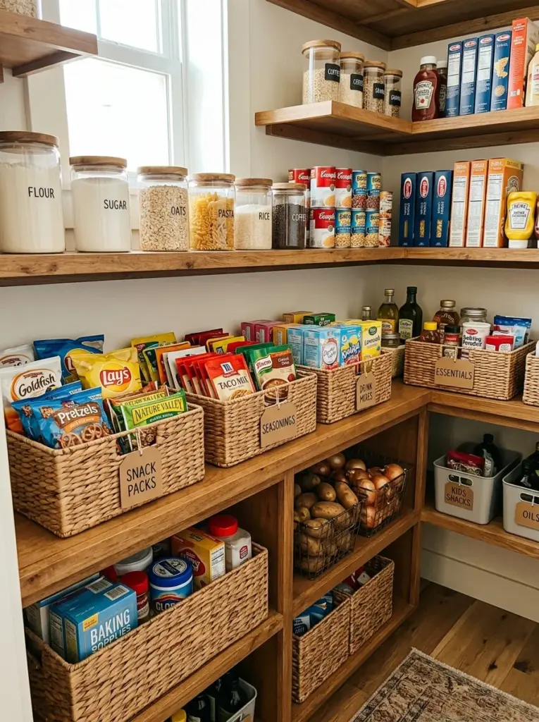 Real-life kitchen pantry featuring woven baskets filled with snack packs, seasoning packets, drink mixes, and small pantry essentials, neatly made, beautifully arranged, organized, clean, vibrant packaging, wooden shelving, bright natural light filling the pantry evenly, cozy family home, realistic stock photo, Pinterest-ready inspiration
