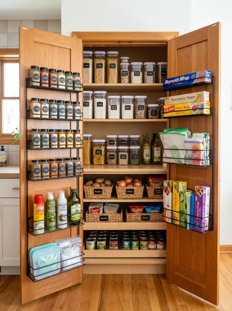 Real-life kitchen pantry with slim storage racks mounted on the inside of pantry doors holding spices, wraps, reusable bags, and cooking sprays, neatly made, beautifully arranged, organized, clean, vibrant colors, bright natural light illuminating both the pantry interior and door storage, realistic lifestyle photography, Pinterest-ready, premium stock photo style