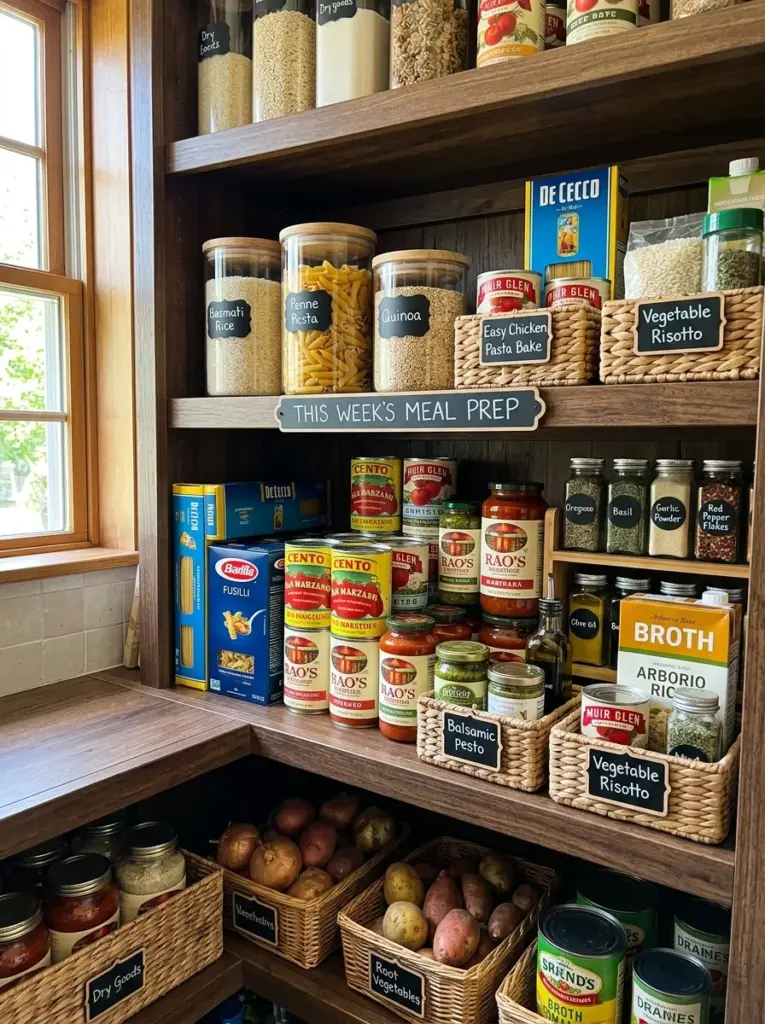 Real-life kitchen pantry with one dedicated meal prep shelf holding pasta, rice, canned tomatoes, sauces, spices, and recipe ingredients together, neatly made, beautifully arranged, organized, clean, vibrant pantry products, bright natural light from a nearby window, realistic home photography, Pinterest-ready inspiration, highly detailed