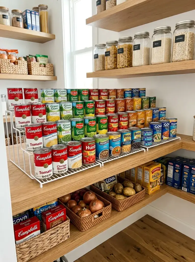 Real-life kitchen pantry featuring tiered shelf organizers displaying canned foods with every label visible, neatly made, beautifully arranged, organized, clean, colorful canned goods, bright natural light highlighting the stepped shelves, realistic stock photography, Pinterest-ready, modern functional pantry design