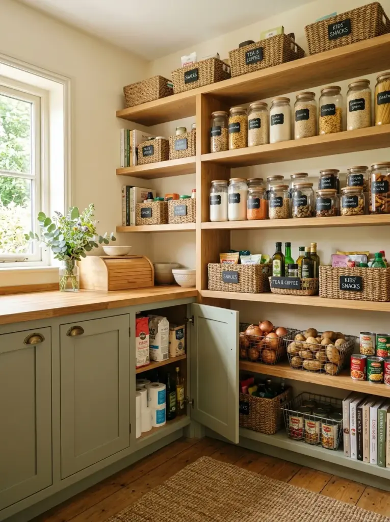 Real-life kitchen pantry combining open wooden shelves with closed cabinets, glass jars, woven baskets, hidden bulk storage, neatly made, beautifully arranged, organized, clean, vibrant pantry accents, bright natural light creating a warm inviting atmosphere, realistic photography, Pinterest-ready home inspiration