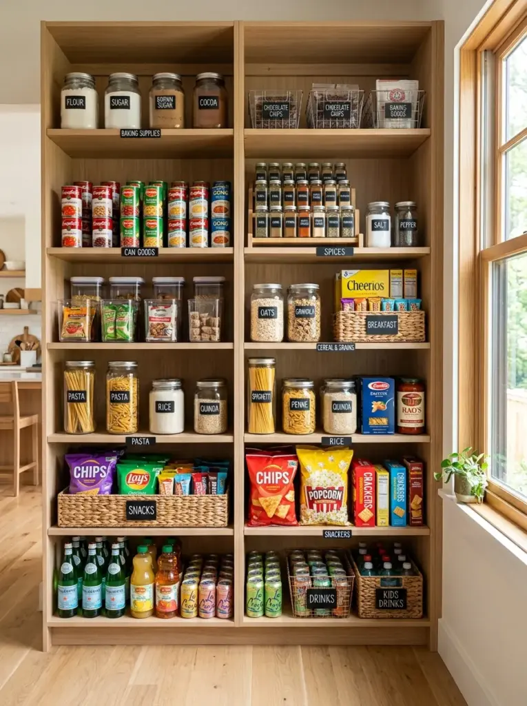 Ultra-realistic lifestyle photography of a modern family kitchen pantry with clearly separated food zones for baking supplies, canned foods, breakfast items, snacks, pasta, spices, and beverages, transparent containers, labeled baskets, neatly made, beautifully arranged, organized, clean, vibrant food packaging, bright natural light entering from a nearby window, realistic home environment, Pinterest-ready, premium stock photo style, high detail, DSLR photography, no people, no 3D render, no illustration.