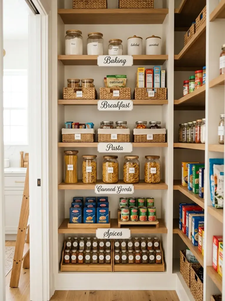 Beautiful real-life kitchen pantry with elegant shelf labels reading Baking, Breakfast, Snacks, Pasta, Canned Goods, and Spices, matching baskets and containers, neatly made, beautifully arranged, organized, clean, vibrant pantry essentials, bright natural light evenly illuminating labeled shelves, Pinterest-ready lifestyle stock photography, ultra realistic, no people, no render.