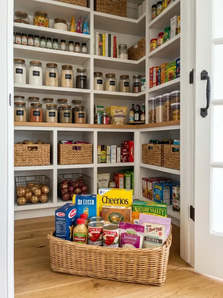 Real-life kitchen pantry with a woven restock basket positioned near the entrance, filled with unopened grocery items waiting to be organized, matching pantry shelves in the background, neatly made, beautifully arranged, organized, clean, vibrant food packaging, bright natural light flowing from the pantry doorway, Pinterest-ready lifestyle photography, premium stock photo, ultra realistic, no people, no illustration.