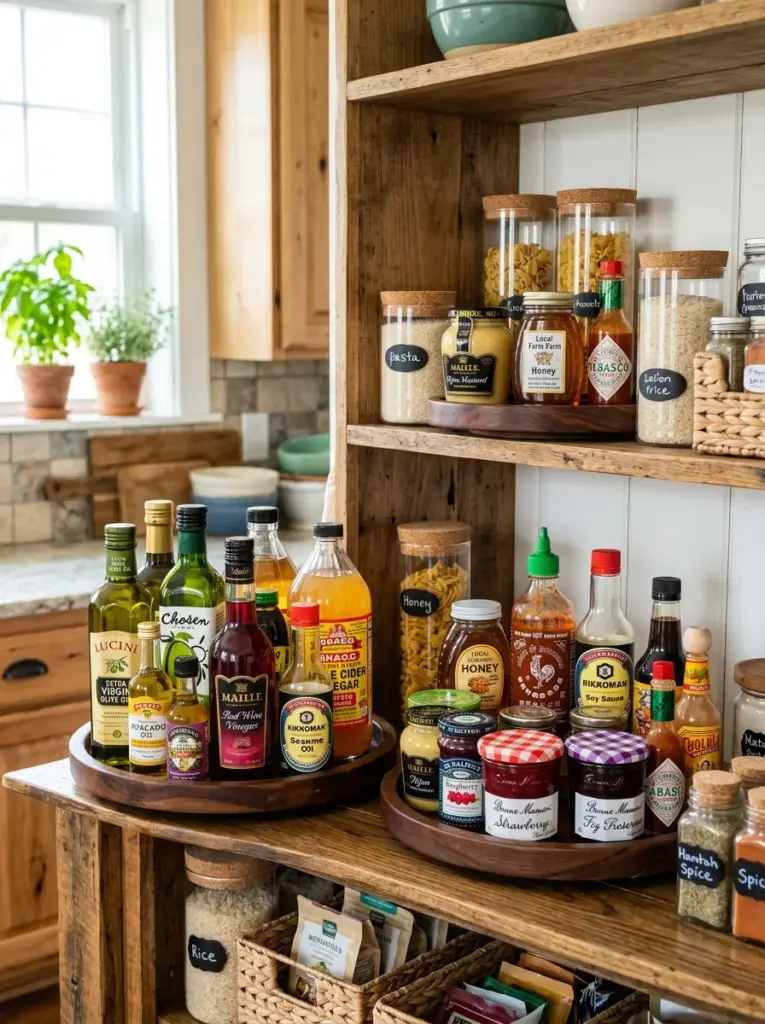 Authentic pantry shelf featuring wooden Lazy Susans holding cooking oils, vinegar bottles, sauces, jams, and condiments, neatly made, beautifully arranged, organized, clean, vibrant glass bottles and labels, bright natural light illuminating the rotating trays from the side, realistic family kitchen, Pinterest-ready stock photography, DSLR quality, no CGI.