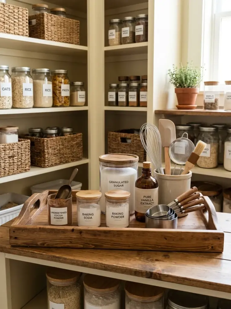 Real-life pantry with a removable wooden tray holding flour, sugar, cocoa powder, baking soda, vanilla extract, measuring cups, and baking tools, neatly made, beautifully arranged, organized, clean, vibrant pantry colors, bright natural light highlighting the baking station, Pinterest-ready premium stock photography, realistic home kitchen, no illustration.