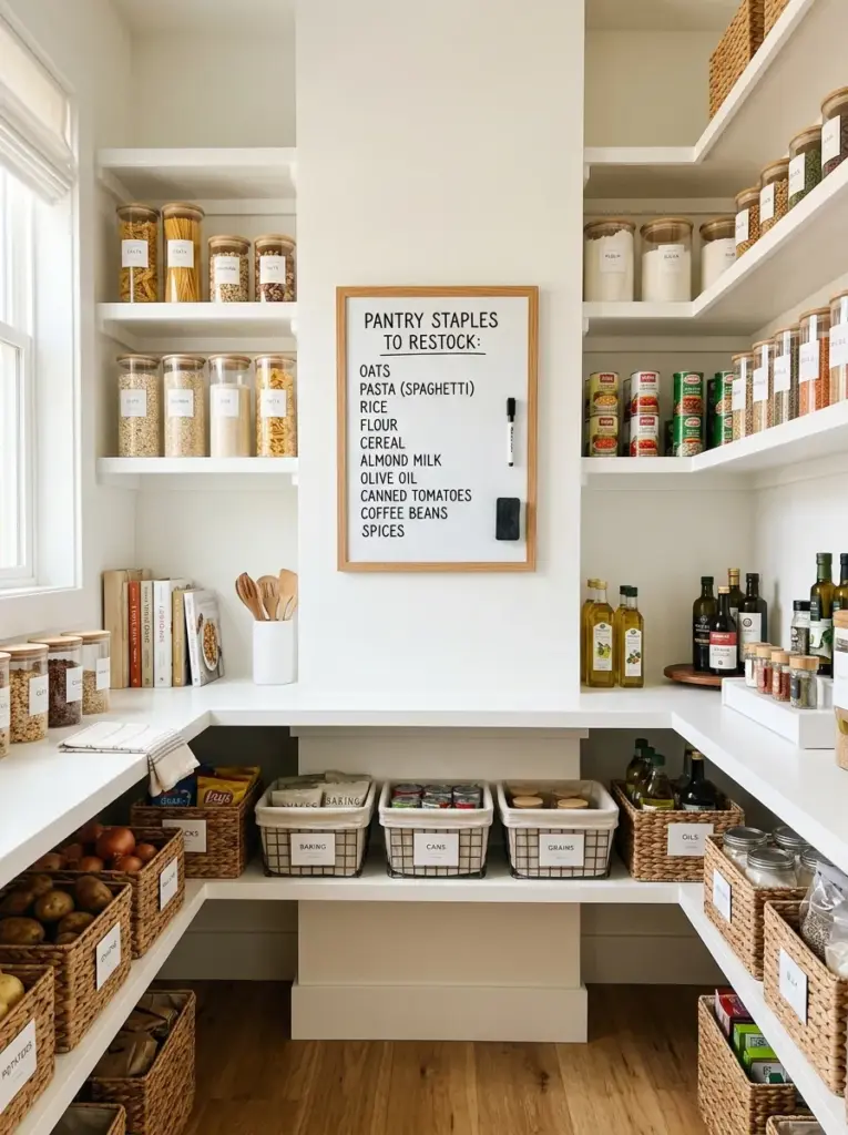 Real-life organized pantry with a small whiteboard mounted on the inside wall listing pantry staples to restock, surrounded by neatly organized shelves, neatly made, beautifully arranged, organized, clean, vibrant pantry containers, bright natural light creating a welcoming atmosphere, Pinterest-ready stock photography, highly realistic, no render.