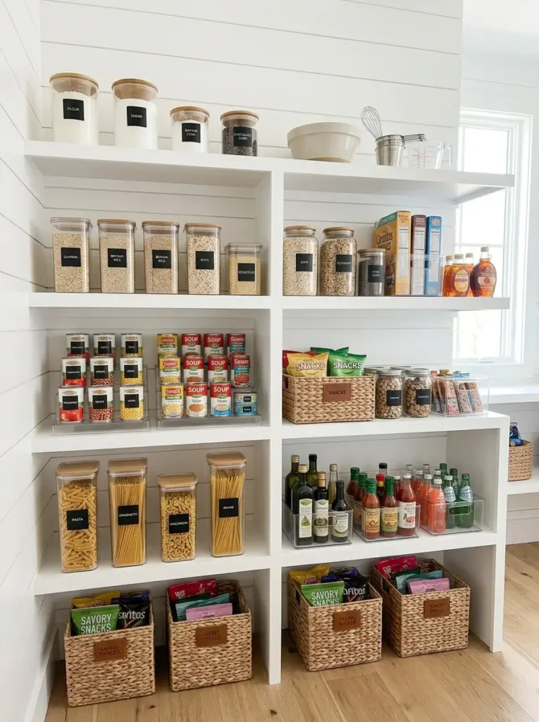 Beautiful real-life pantry with intentional empty spaces separating baking supplies, snacks, canned goods, pasta, and breakfast foods, neatly made, beautifully arranged, organized, clean, vibrant pantry colors, bright natural light evenly filling the shelves to emphasize visual spacing, Pinterest-ready lifestyle stock photography, ultra realistic, no people, no illustration.