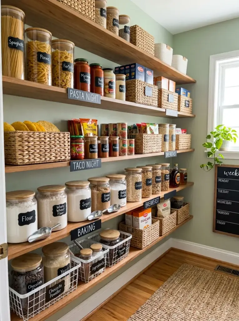 Real-life pantry organized into meal-prep sections including pasta night, taco night, breakfast, and baking, matching containers and baskets, neatly made, beautifully arranged, organized, clean, vibrant pantry colors, bright natural light from a nearby window highlighting each section, Pinterest-ready lifestyle stock photography, ultra realistic, DSLR quality, no people, no illustration.
