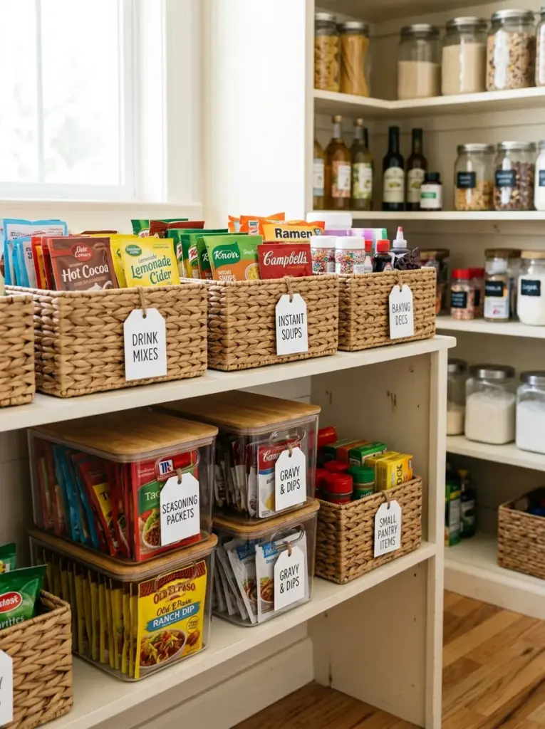 Authentic kitchen pantry with matching woven and clear baskets storing seasoning packets, drink mixes, instant soups, baking decorations, and small pantry items, neatly made, beautifully arranged, organized, clean, vibrant colors, bright natural light softly illuminating the baskets from the front, Pinterest-ready premium stock photography, realistic family home, no CGI.